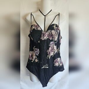 VENUS Black Lace Top with Purple and Yellow Floral Accents